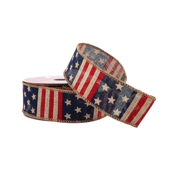 1.5&#x22; x 30ft. Faux Linen Wired Flag Ribbon by Celebrate It&#xAE; Red, White &#x26; Blue